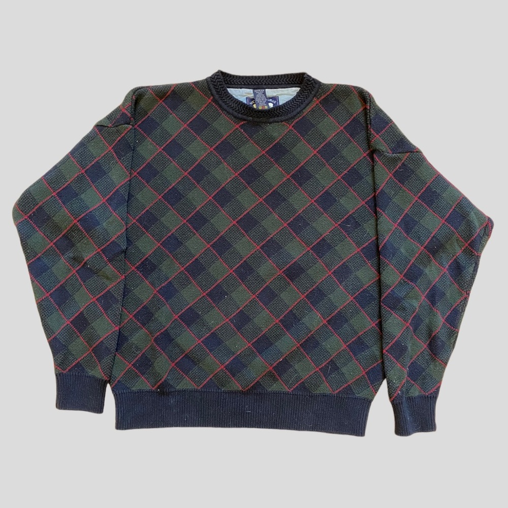 Vintage Green Argyle Knit Patterned Grandpa Sweater
